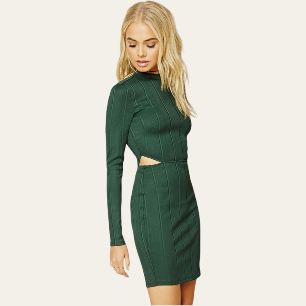 Forever 21 Emerald Green Long Sleeve Side Cutout Bodycon Mini dress M